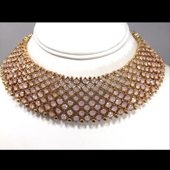 Pink Faux Opal Rhinestone Gold Stretch Links Wide Collar Necklace - Picture 2 of 8